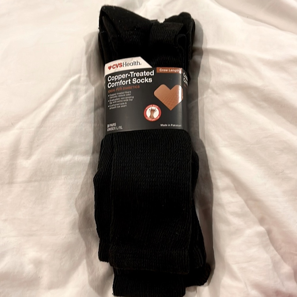 CVS Health Copper-Infused Crew Comfort Socks Unisex, 3 Pairs black. X wide cuff